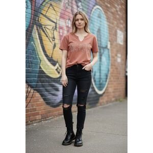 AC/DC Pearl Studded Graphic Tee  Womens– Pink Distressed Rocker Babe Size Large